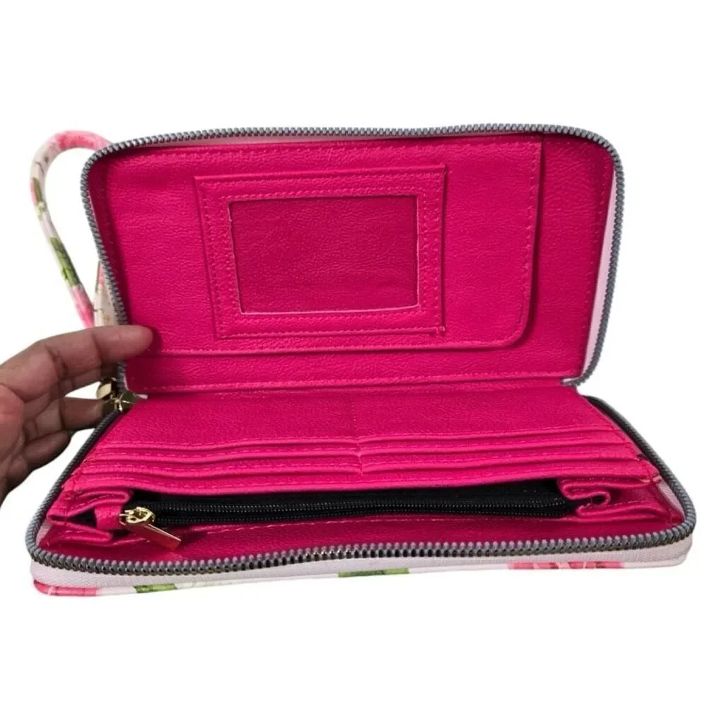 NWT Betsey Johnson Pink & White Floral Bohemian Wristlet around Gold Zip Wallet